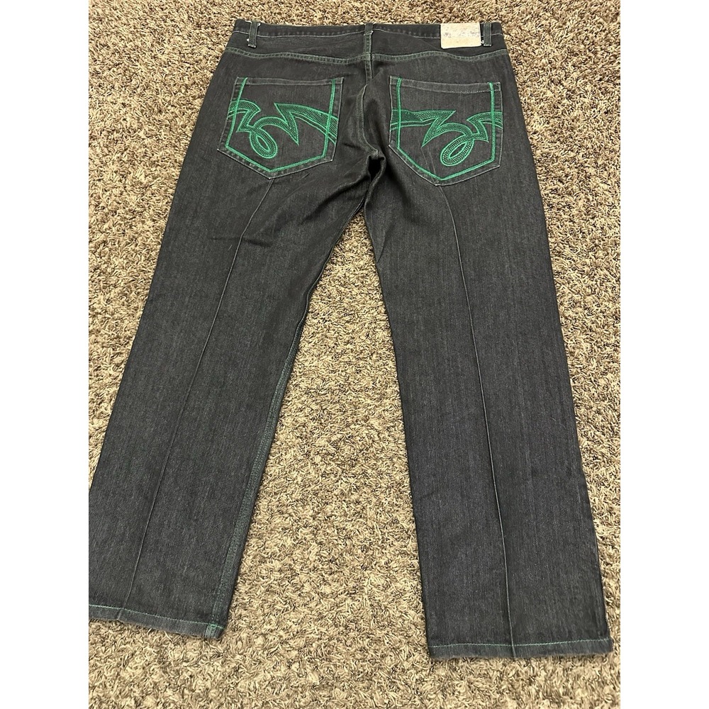 Vintage Black Green Lacquer Jeans Baggy Streetwear Y2K Wide Leg Denim 42x32